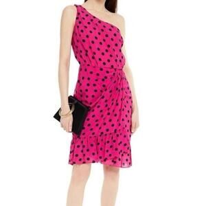 DEREK LAM 10 CROSBY Hot Pink Polka Dot One Shoulder Dress 14 Cocktail Party